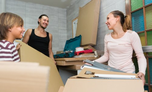 Packed office equipment ready for transport during a business move