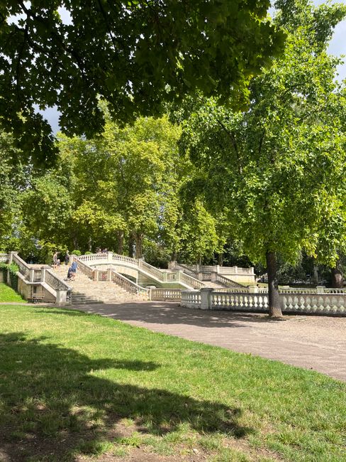 A scenic view of Clissold Park with wide stone stairs and ornate balustrades leading upwards amid lush green trees with dense foliage. The stairs are flanked by curved terraces and a paved pathway surrounds the area, shaded by tall, leafy trees casting dappled sunlight onto the ground. In the background, a few people are visible walking or Sitting on the benches nearby, indicative of a peaceful public space. The scene captures the natural beauty and well-maintained landscape of the park, which is often associated with home relocation and moving services in Finsbury Park, such as those provided by Man with Van Finsbury Park, especially when organizing the logistics of packing and transporting household items through narrow or accessible routes.